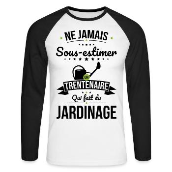 Sous-estimer un trentenaire qui fait du jardinage - T-shirt baseball manches longues Homme - blanc/noir - Devant - Nik (191cm)
