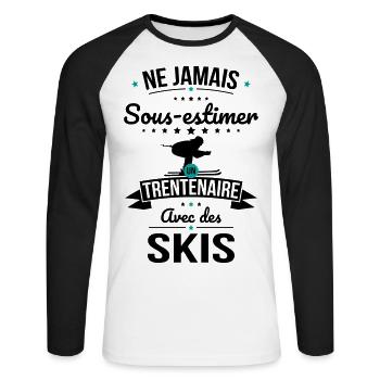 Sous-estimer un trentenaire avec des skis - T-shirt baseball manches longues Homme - blanc/noir - Devant - Nik (191cm)