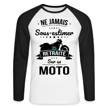 Sous-estimer un retraité sur sa moto - T-shirt baseball manches longues Homme - blanc/noir - Devant - Nik (191cm)