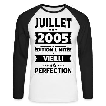 Anniversaire 20 ans - Juillet 2005 Perfection - T-shirt baseball manches longues Homme - blanc/noir - Devant - Nik (191cm)