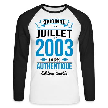 Anniversaire 20 ans - Original - Juillet 2003 - T-shirt baseball manches longues Homme - blanc/noir - Devant - Nik (191cm)
