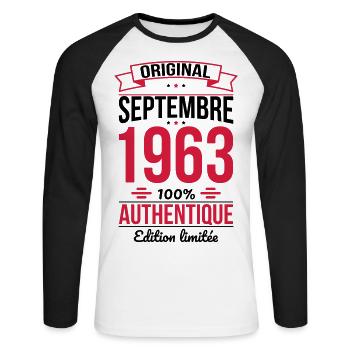 Anniversaire 60 ans - Original - Septembre 1963 - T-shirt baseball manches longues Homme - blanc/noir - Devant - Nik (191cm)
