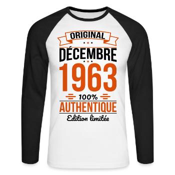 Anniversaire 60 ans - Original - Décembre 1963 - T-shirt baseball manches longues Homme - blanc/noir - Devant - Nik (191cm)