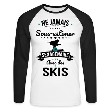 Sous-estimer un sexagénaire avec des skis - T-shirt baseball manches longues Homme - blanc/noir - Devant - Nik (191cm)