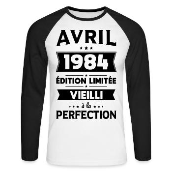Anniversaire 40 ans - Avril 1984 Perfection - T-shirt baseball manches longues Homme - blanc/noir - Devant - Nik (191cm)