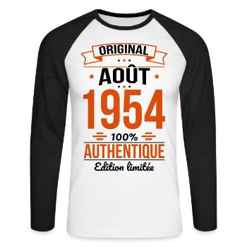 Anniversaire 70 ans - Original - Août 1954 - T-shirt baseball manches longues Homme - blanc/noir - Devant - Nik (191cm)