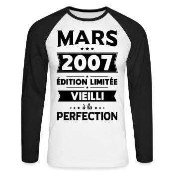 18th Birthday - March 2007 Perfection - Unisex Long Sleeve Baseball T-Shirt - white/black - Front - Nik (191cm)
