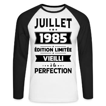 Anniversaire 40 ans - Juillet 1985 Perfection - T-shirt baseball manches longues Homme - blanc/noir - Devant - Nik (191cm)