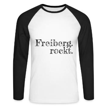 Freiberg rockt - Textdesign mit Stadtnamen - Unisex Baseballshirt langarm - Weiß/Schwarz - Vorne - Nik (191cm)