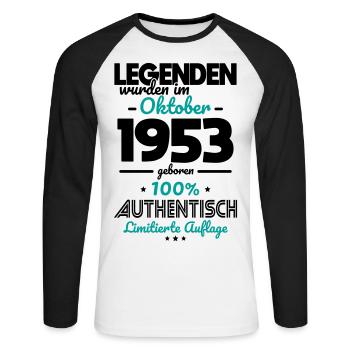 70. Geburtstag - Legenden wurden im Oktober 1953 - Unisex Baseballshirt langarm - Weiß/Schwarz - Vorne - Nik (191cm)