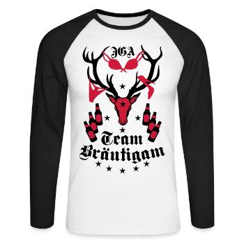 173 Hirsch JGA Team Bräutigam Bier Freunde - Unisex Baseballshirt langarm - Weiß/Schwarz - Vorne - Nik (191cm)