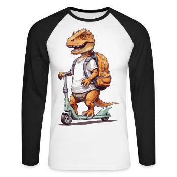T-Rex Schüler auf Roller Schulanfang Dino Design - Unisex Baseballshirt langarm - Weiß/Schwarz - Vorne - Nik (191cm)