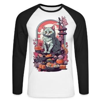Retro Katze Sushi Sashimi Ukiyo-E Kunststil - Unisex Baseballshirt langarm - Weiß/Schwarz - Vorne - Nik (191cm)