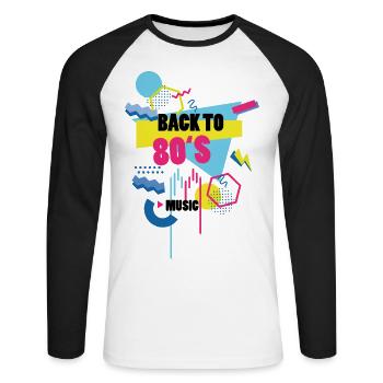 Retour aux années 80, rétro, old school, vintage - T-shirt baseball manches longues Homme - blanc/noir - Devant - Nik (191cm)