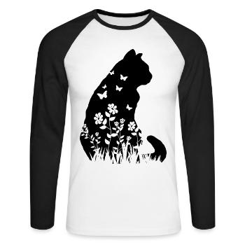 Nette Katze Blumenmuster Silhouette Katze Liebhaber Geschenk - Unisex Baseballshirt langarm - Weiß/Schwarz - Vorne - Nik (191cm)