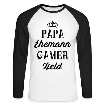 Papa Gamer Held Ehemann Vater Zocker zocken Krone - Unisex Baseballshirt langarm - Weiß/Schwarz - Vorne - Nik (191cm)