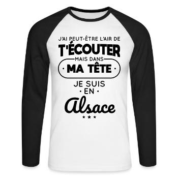 Dans ma tête je suis en Alsace - T-shirt baseball manches longues Homme - blanc/noir - Devant - Nik (191cm)