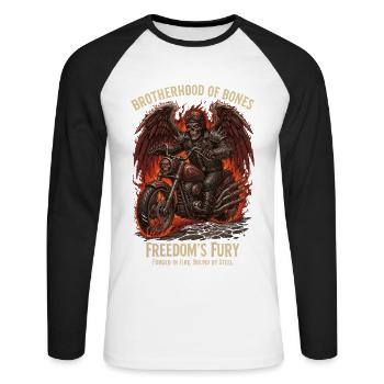 Biker skeleton, motorcycle and flames - Halloween - Unisex Long Sleeve Baseball T-Shirt - white/black - Front - Nik (191cm)
