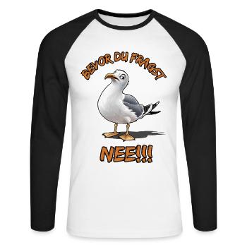 Funny saying with seagull Before you ask No !! - Unisex Long Sleeve Baseball T-Shirt - white/black - Front - Nik (191cm)