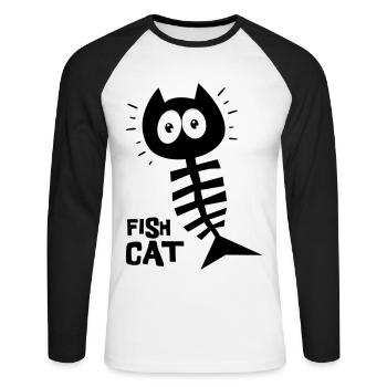 Poisson chat, humour, chat drôle - T-shirt baseball manches longues Homme - blanc/noir - Devant - Nik (191cm)