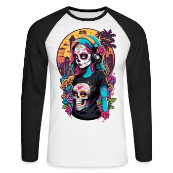 Sugar Skull Girl with Colourful Hair and Cityscape - Unisex Long Sleeve Baseball T-Shirt - white/black - Front - Nik (191cm)