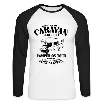 Wohnmobil - Caravan - Camping - Camper - Unisex Baseballshirt langarm - Weiß/Schwarz - Vorne - Nik (191cm)