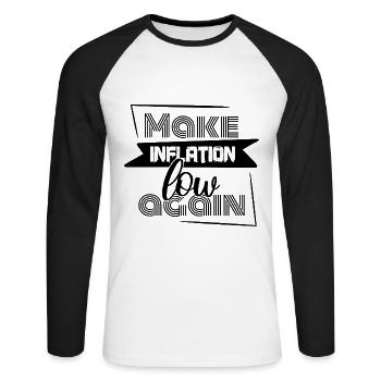 Sprüche zur Inflation - Make Inflation low again - Unisex Baseballshirt langarm - Weiß/Schwarz - Vorne - Nik (191cm)