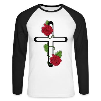 Kreuz mit Rosen - Unisex Baseballshirt langarm - Weiß/Schwarz - Vorne - Nik (191cm)