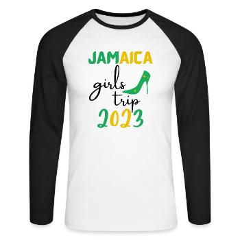 Jamaica Girls Trip 2023 group matching, green text - Unisex Long Sleeve Baseball T-Shirt - white/black - Front - Nik (191cm)