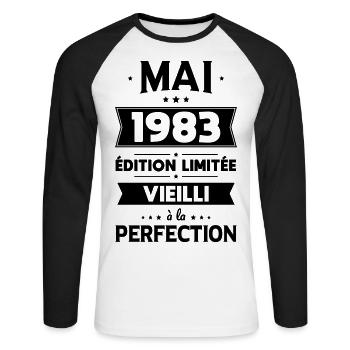 Anniversaire 40 ans - Mai 1983 Perfection - T-shirt baseball manches longues Homme - blanc/noir - Devant - Nik (191cm)