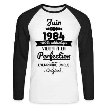 40-jähriges Jubiläum - Juni 1984 Original - Unisex Baseballshirt langarm - Weiß/Schwarz - Vorne - Nik (191cm)