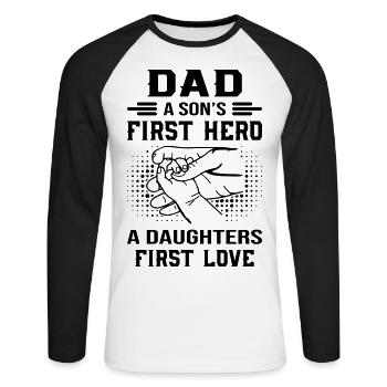 Dad A Son's First Hero - Unisex Baseballshirt langarm - Weiß/Schwarz - Vorne - Nik (191cm)