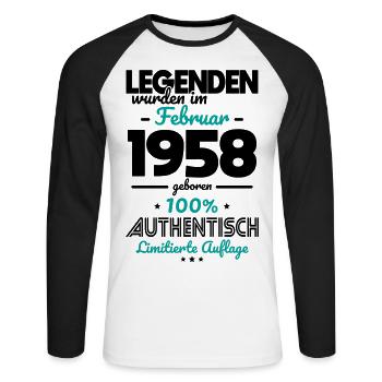 65. Geburtstag - Legenden wurden im Februar 1958 - Unisex Baseballshirt langarm - Weiß/Schwarz - Vorne - Nik (191cm)