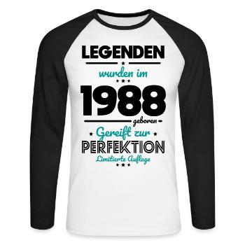 35. Geburtstag - Legenden wurden im 1988 - Unisex Baseballshirt langarm - Weiß/Schwarz - Vorne - Nik (191cm)
