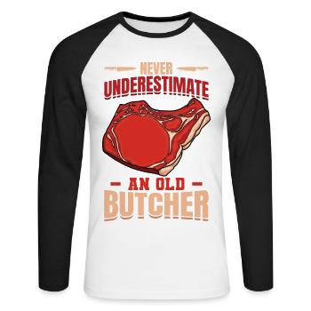 Ne sous-estimez jamais un vieux boucher - T-shirt baseball manches longues Homme - blanc/noir - Devant - Nik (191cm)