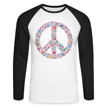 Peace Love 60er 70er Jahre Groovy Kostüm Blumen - Unisex Baseballshirt langarm - Weiß/Schwarz - Vorne - Nik (191cm)