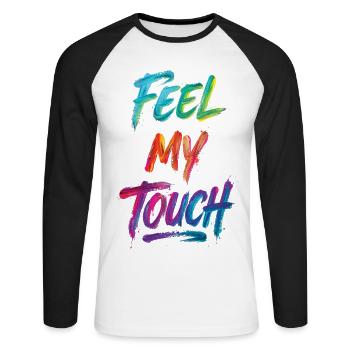 Feel My Touch Texte Coloré Peinture Imprimé - T-shirt baseball manches longues Homme - blanc/noir - Devant - Nik (191cm)