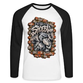 Shoebill – Graffiti-Wand - Unisex Baseballshirt langarm - Weiß/Schwarz - Vorne - Nik (191cm)