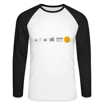 Évolution de la monnaie jusqu'au Bitcoin - T-shirt baseball manches longues Homme - blanc/noir - Devant - Nik (191cm)