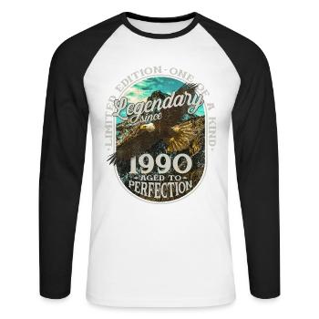 Legendär seit 1990 - Unisex Baseballshirt langarm - Weiß/Schwarz - Vorne - Nik (191cm)