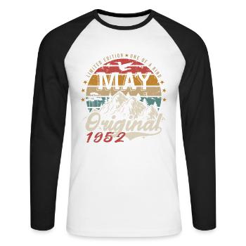 Mai 1952 Original Mai 1952 Geburtstagsgeschenk - Unisex Baseballshirt langarm - Weiß/Schwarz - Vorne - Nik (191cm)