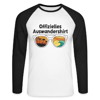 Offizielles Auswandershirt Auswandern T-Shirt - Unisex Baseballshirt langarm - Weiß/Schwarz - Vorne - Nik (191cm)