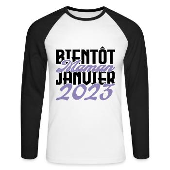 Annonce grossesse. bientôt Maman Janvier 2023.mama - T-shirt baseball manches longues Homme - blanc/noir - Devant - Nik (191cm)