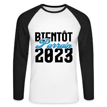 Cadeau Annonce grossesse bientôt Parrain 2023. - T-shirt baseball manches longues Homme - blanc/noir - Devant - Nik (191cm)