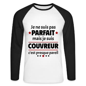Pas parfait mais couvreur, fête des pères, noël - T-shirt baseball manches longues Homme - blanc/noir - Devant - Nik (191cm)