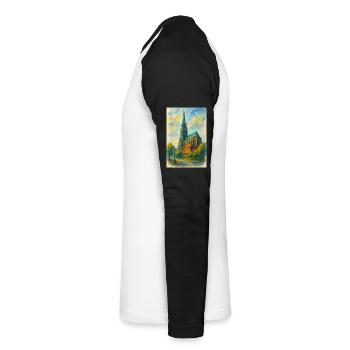 Église gothique de style impressionniste - T-shirt baseball manches longues Homme - blanc/noir - Gauche - Nik (191cm)