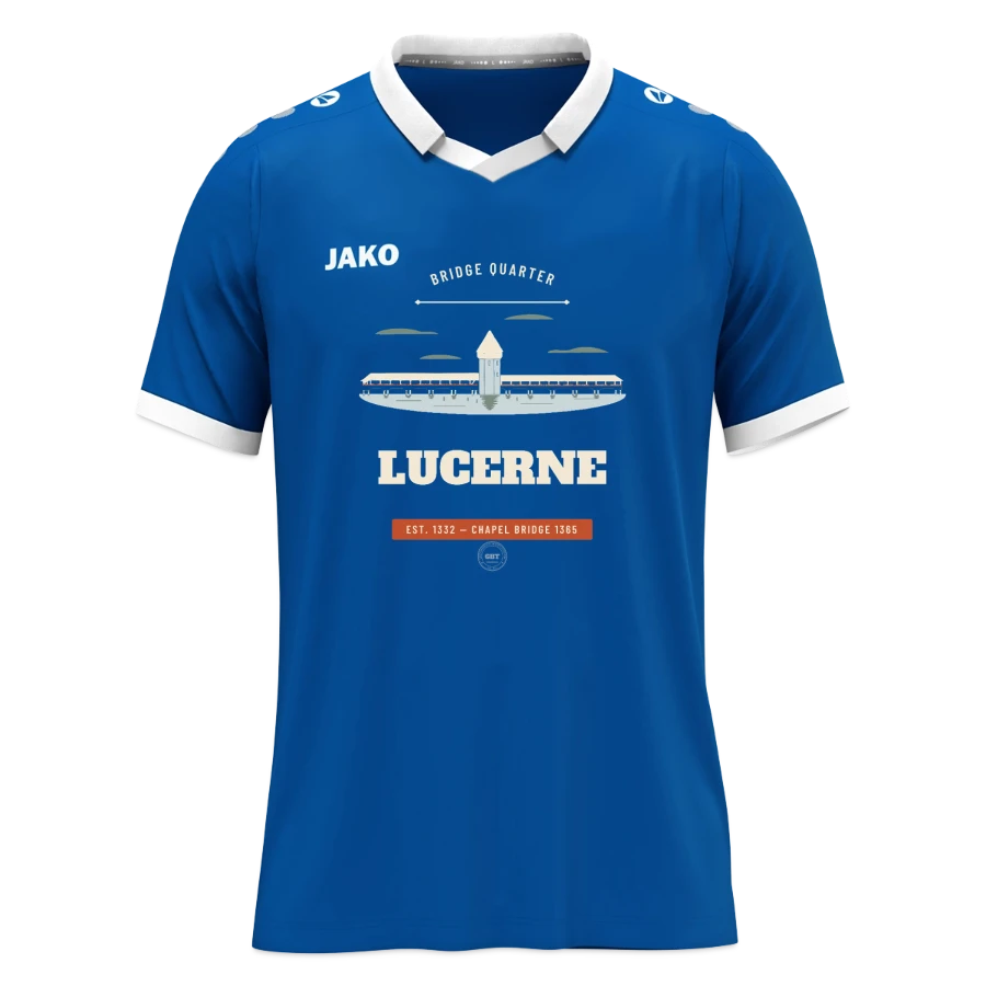 Lucerne badge on a jako jersey glory, royal/white