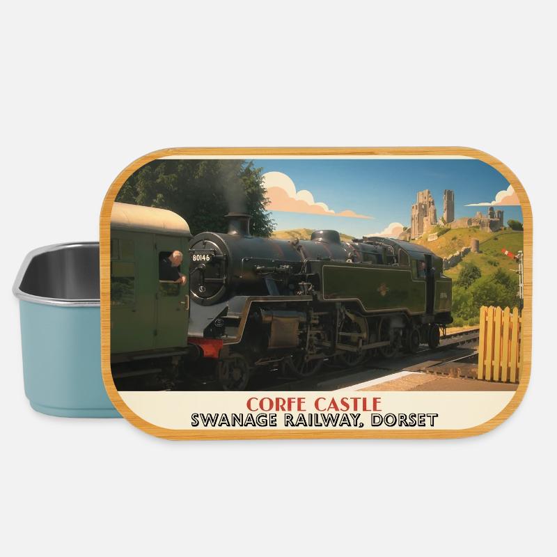 Corfe Castle Steam Train Poster - Lunch Box - light blue
