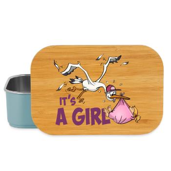 Stork with baby girl; "It's a Girl" - Lunch Box - light blue - Front