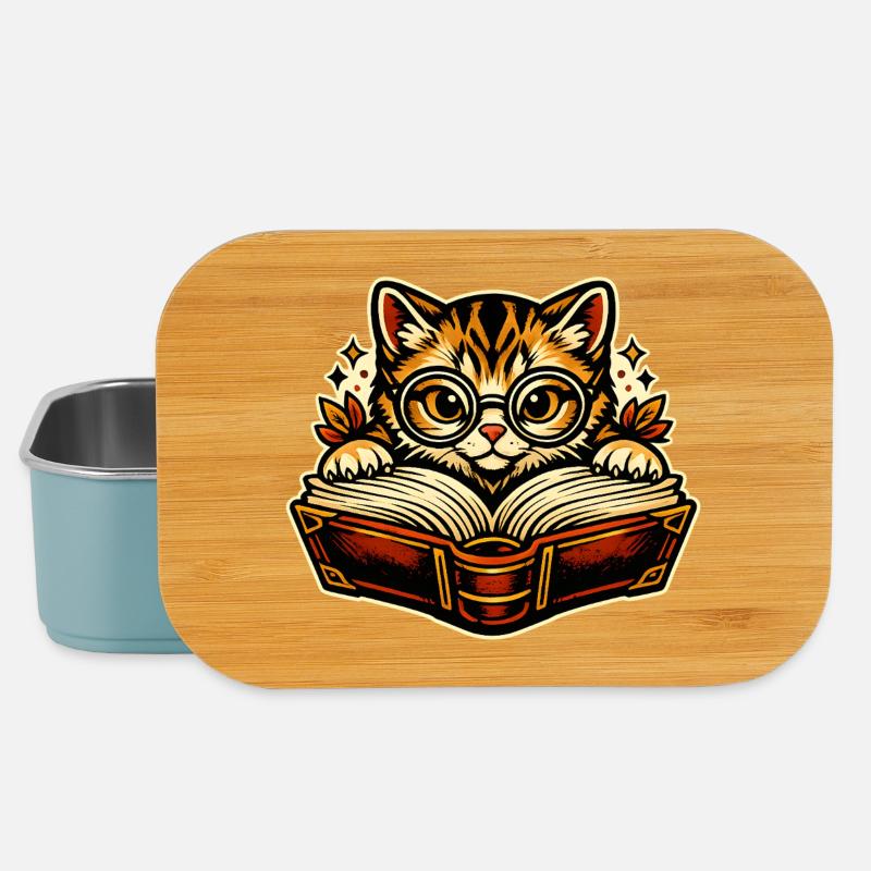 Kätzchen mit Brille beim Lesen - Lunch Box - Hellblau